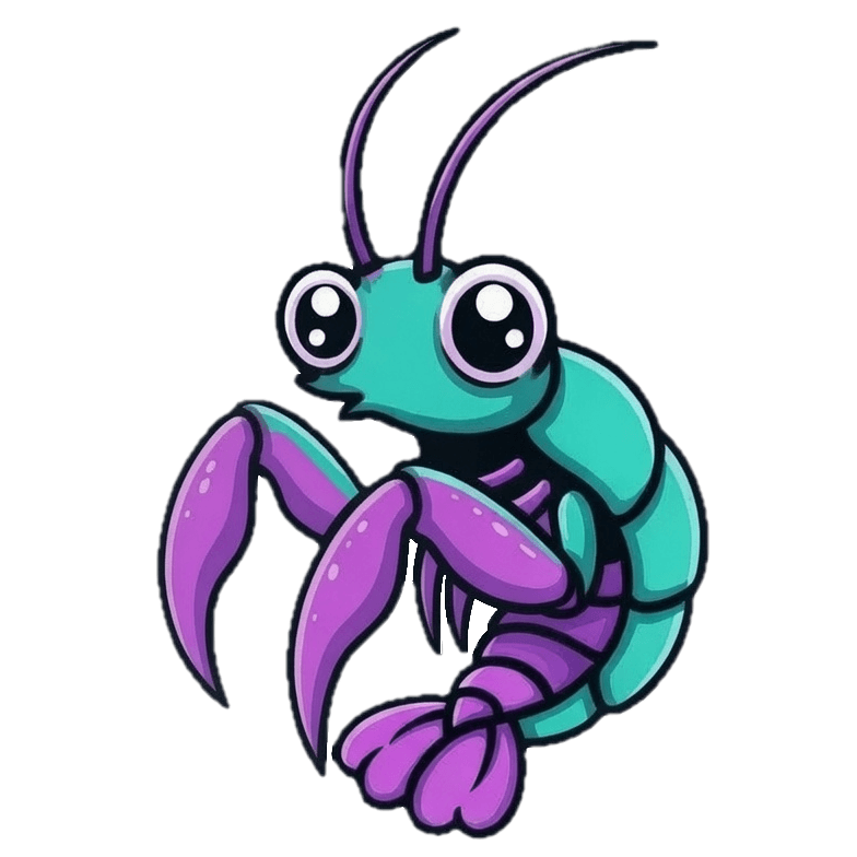 Stomatopod mascot - a teal and purple mantis shrimp